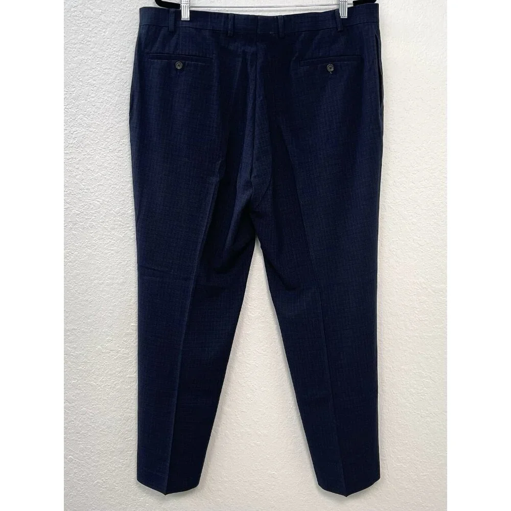 RALPH Ralph Lauren Mens 40x30 Navy Plaid Flat Front Straight PANTS Trousers EUC